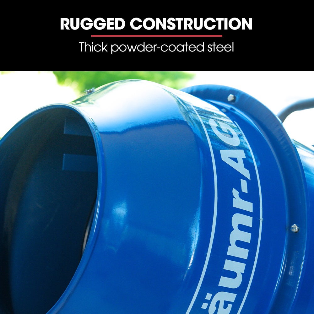 BAUMR-AG 140L Portable Cement Concrete Mixer with Pedestal Stand, 550W Electric Motor, 10 Inch Solid Rubber V219-TOLCCMBM1C4A