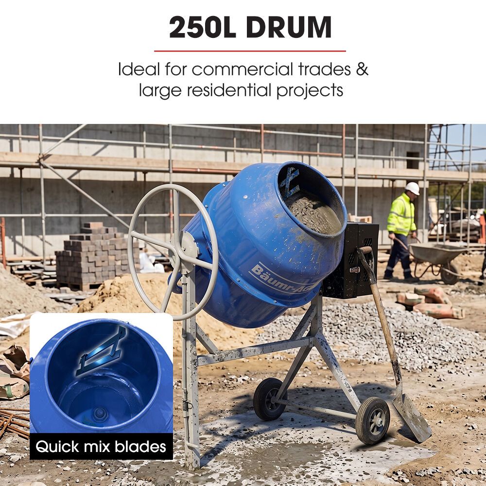 BAUMR-AG 250L Heavy-Duty Petrol Concrete Cement Mixer, 3hp 105cc Engine