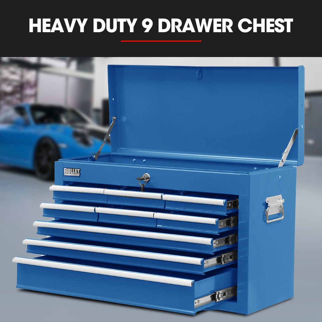 BULLET 9 Drawer Tool Box Chest, Organiser Mechanic Garage Storage Toolbox Set - Blue V219-TOLCHTBU19BA
