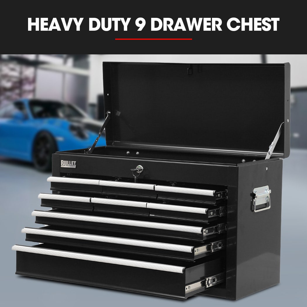 Bullet Pro 9 Drawer Tool Box Chest, Organiser Mechanic Garage Storage Toolbox Set - Black V219-TOLCHTBU19KA