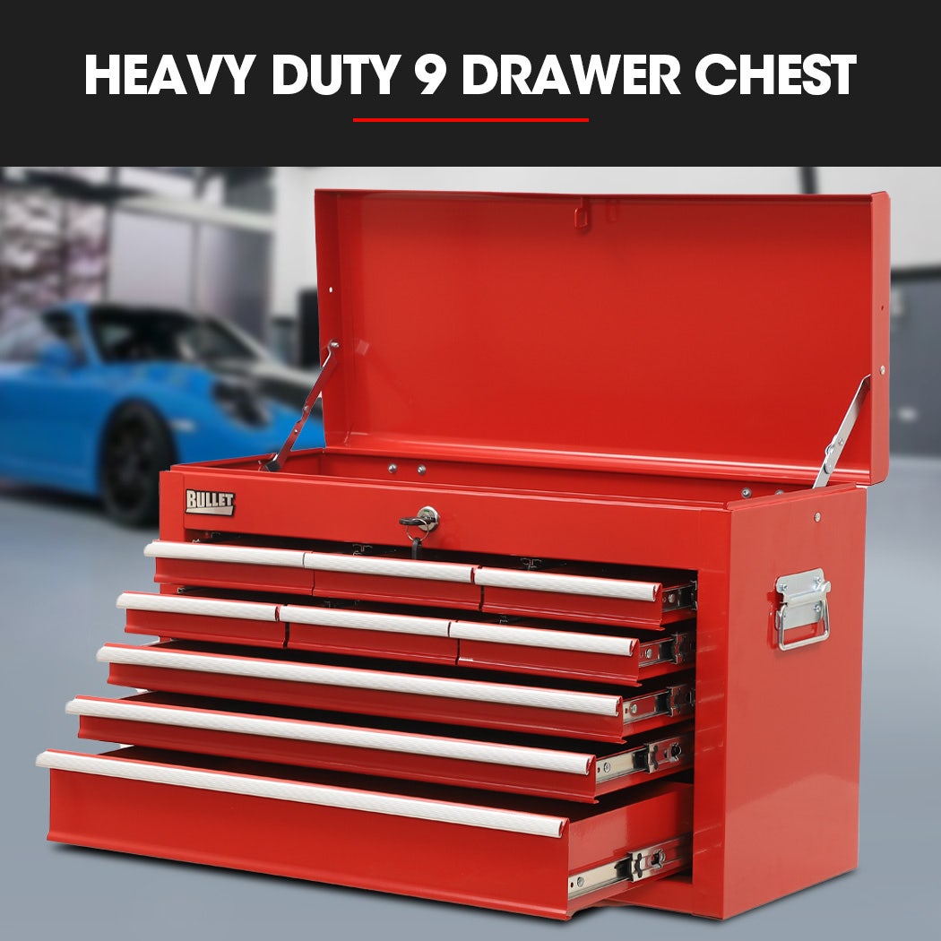 BULLET Pro 9 Drawer Tool Box Chest, Organiser Mechanic Garage Storage Toolbox Set - Red V219-TOLCHTBU19RA