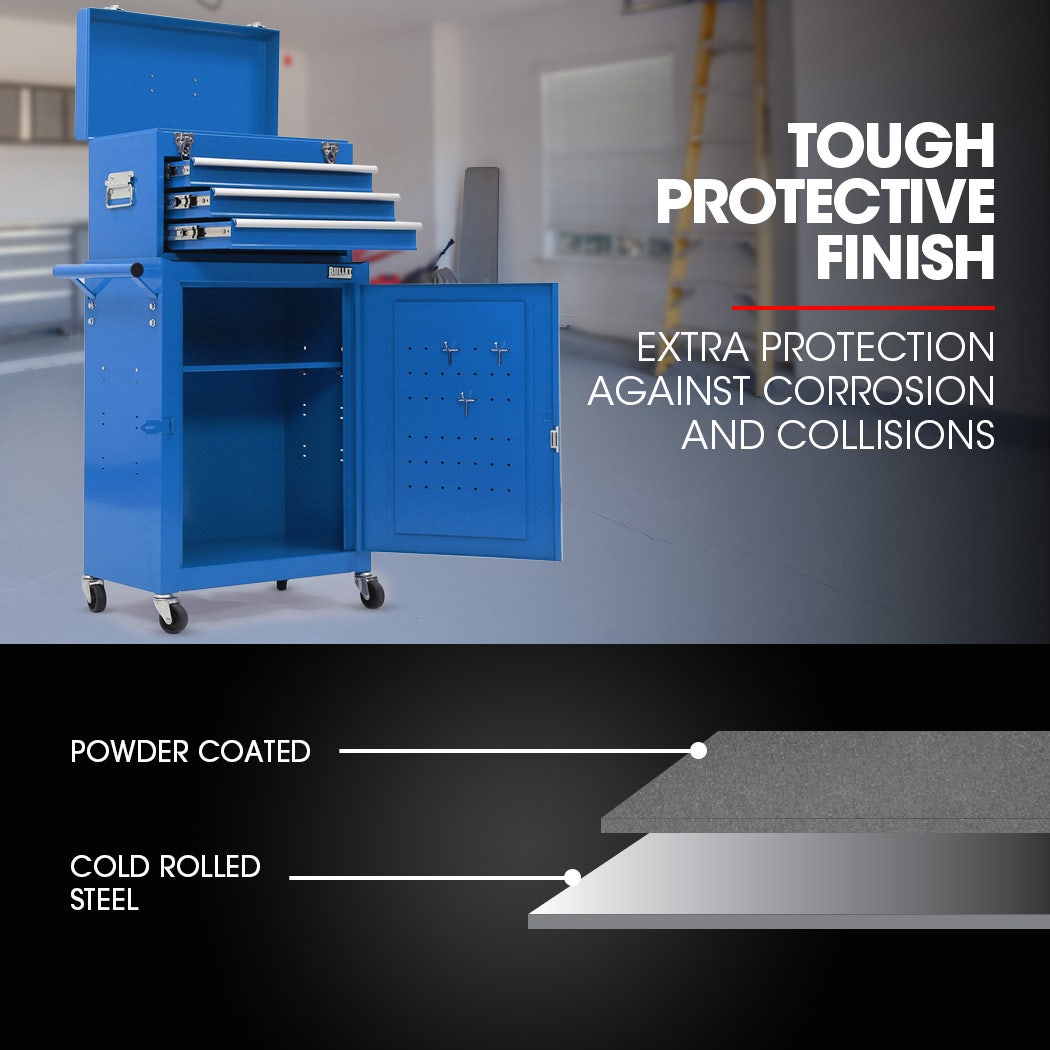 Bullet Pro 3 Drawer Tool Box Cabinet Trolley Storage, with 1-Door Toolbox Garage Organiser Set, Blue V219-TOLCHTBU3CBA