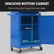 Bullet Pro 3 Drawer Tool Box Cabinet Trolley Storage, with 1-Door Toolbox Garage Organiser Set, Blue V219-TOLCHTBU3CBA