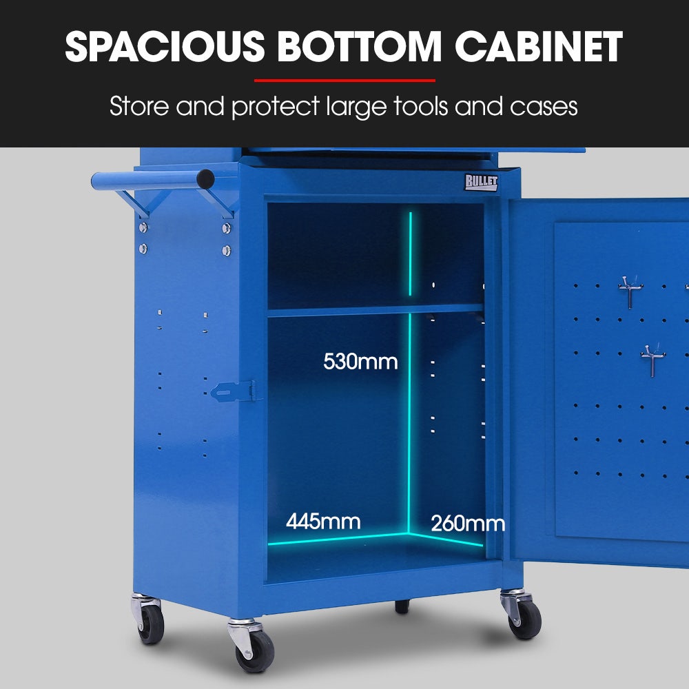 Bullet Pro 3 Drawer Tool Box Cabinet Trolley Storage, with 1-Door Toolbox Garage Organiser Set, Blue V219-TOLCHTBU3CBA