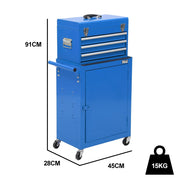 Bullet Pro 3 Drawer Tool Box Cabinet Trolley Storage, with 1-Door Toolbox Garage Organiser Set, Blue V219-TOLCHTBU3CBA