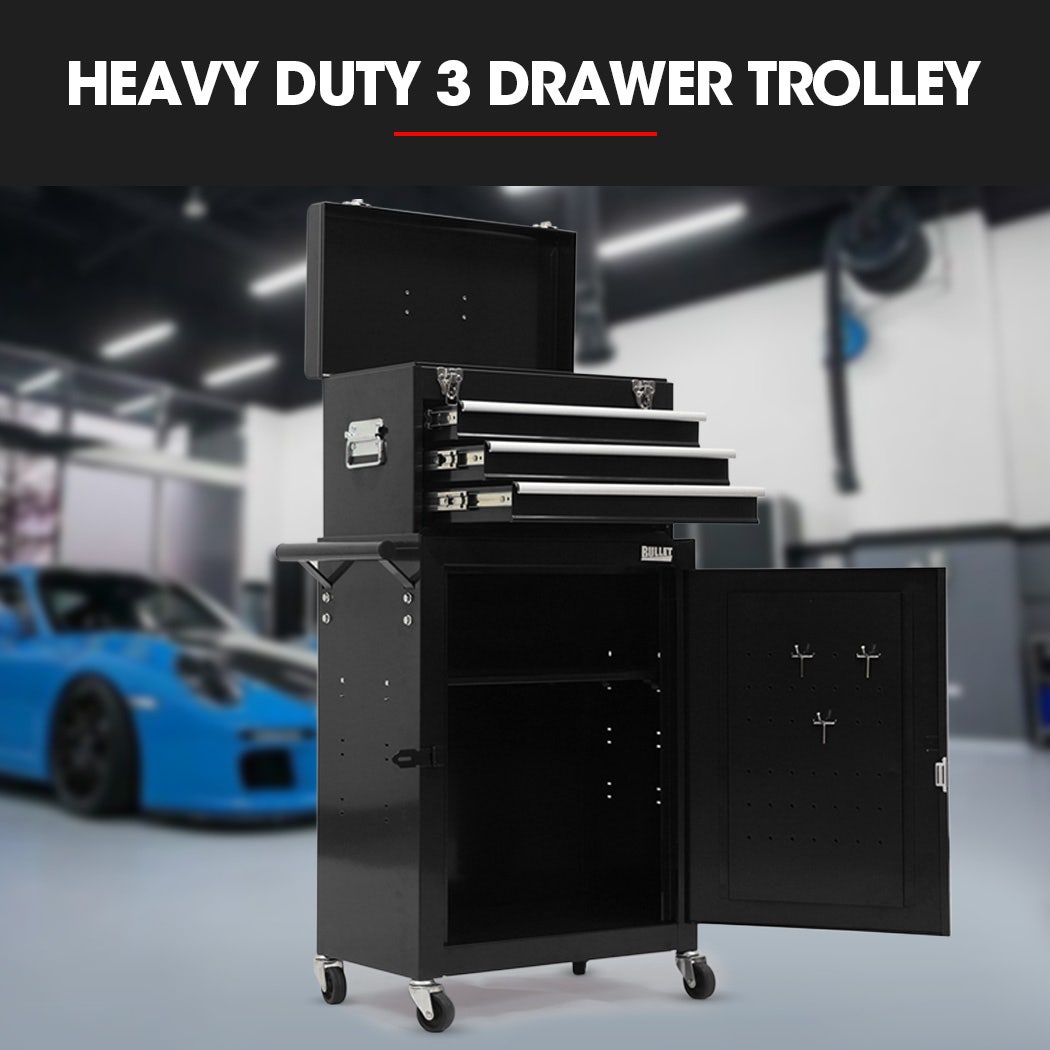Bullet Pro 3 Drawer Tool Box Cabinet Trolley Storage, with 1-Door Toolbox Garage Organiser Set, Black V219-TOLCHTBU3CKA