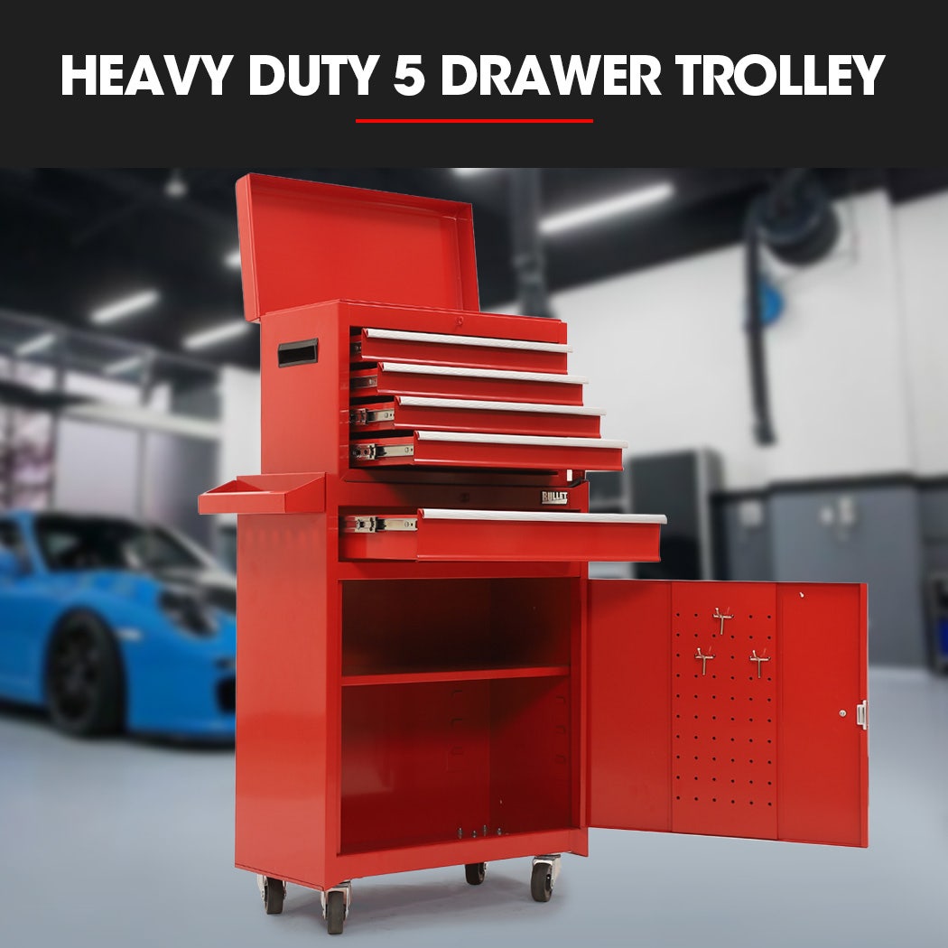 BULLET Pro 5 Drawer Tool Box Cabinet Chest Storage, with 1-Door Toolbox Garage Organiser Set, Red V219-TOLCHTBU5CRA