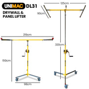 UNIMAC Drywall & Panel Lifter, 1200 x 3600 68kg Max Gyprock Sheet, Galvanised, No-mark Locking Castors V219-TOLDWLUM310A