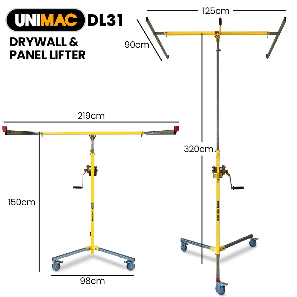 UNIMAC Drywall & Panel Lifter, 1200 x 3600 68kg Max Gyprock Sheet, Galvanised, No-mark Locking Castors V219-TOLDWLUM310A