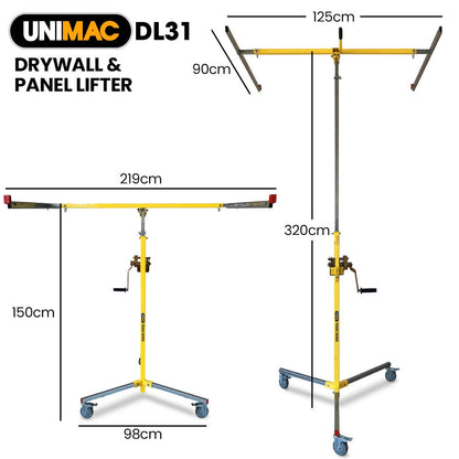 UNIMAC Drywall & Panel Lifter, 1200 x 3600 68kg Max Gyprock Sheet, Galvanised, No-mark Locking Castors V219-TOLDWLUM310A