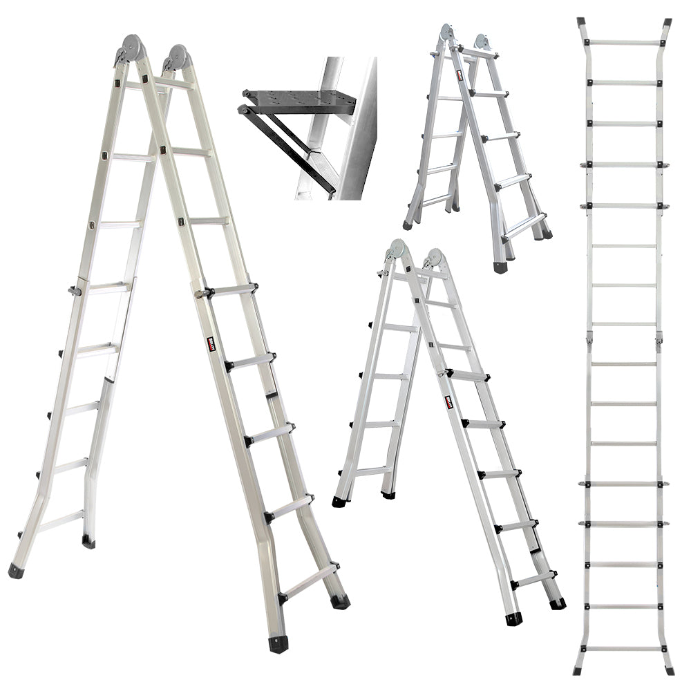 Bullet 5.1m Folding Aluminium Multipurpose Ladder, w/ Workshelf Platform, Spring Assisted Rapid Safety Lock V219-TOLLDABU51AA