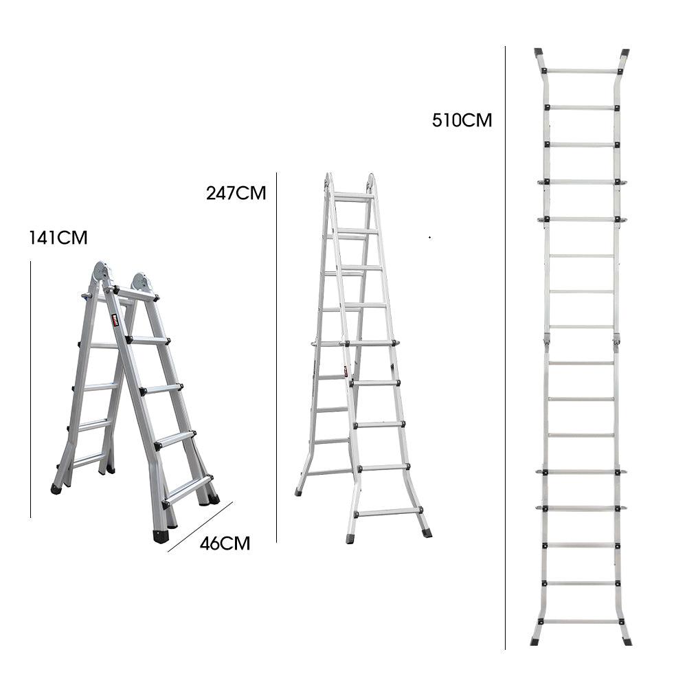 Bullet 5.1m Folding Aluminium Multipurpose Ladder, w/ Workshelf Platform, Spring Assisted Rapid Safety Lock V219-TOLLDABU51AA