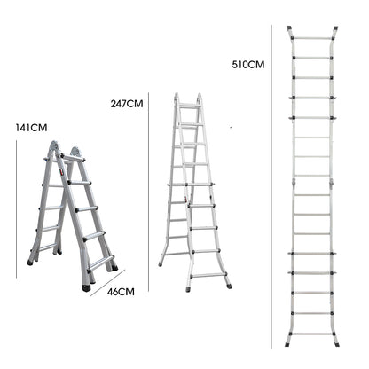 Bullet 5.1m Folding Aluminium Multipurpose Ladder, w/ Workshelf Platform, Spring Assisted Rapid Safety Lock V219-TOLLDABU51AA