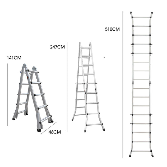 Bullet 5.1m Folding Aluminium Multipurpose Ladder, w/ Workshelf Platform, Spring Assisted Rapid Safety Lock V219-TOLLDABU51AA