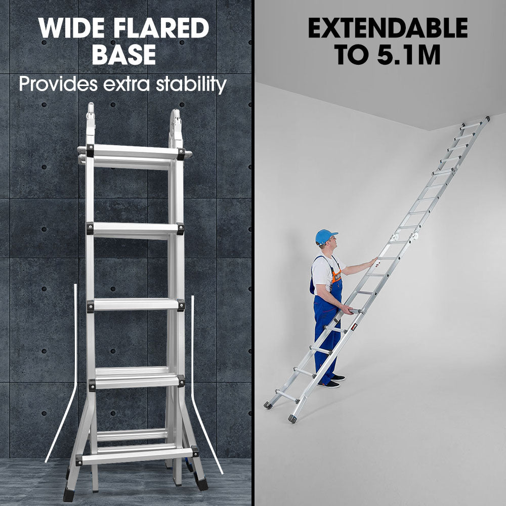 Bullet 5.1m Folding Aluminium Multipurpose Ladder, w/ Workshelf Platform, Spring Assisted Rapid Safety Lock V219-TOLLDABU51AA