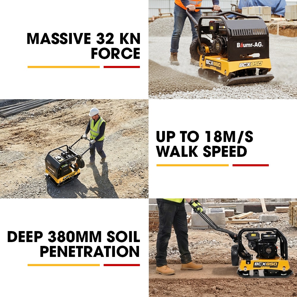 BAUMR-AG 125kg 450x630mm 7HP Plate Compactor, 32kN Vibratory Compaction, Wheel Kit, Protective Paver Pad, V219-TOLPLCBM8C5A