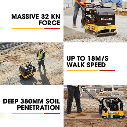 BAUMR-AG 125kg 450x630mm 7HP Plate Compactor, 32kN Vibratory Compaction, Wheel Kit, Protective Paver Pad, V219-TOLPLCBM8C5A
