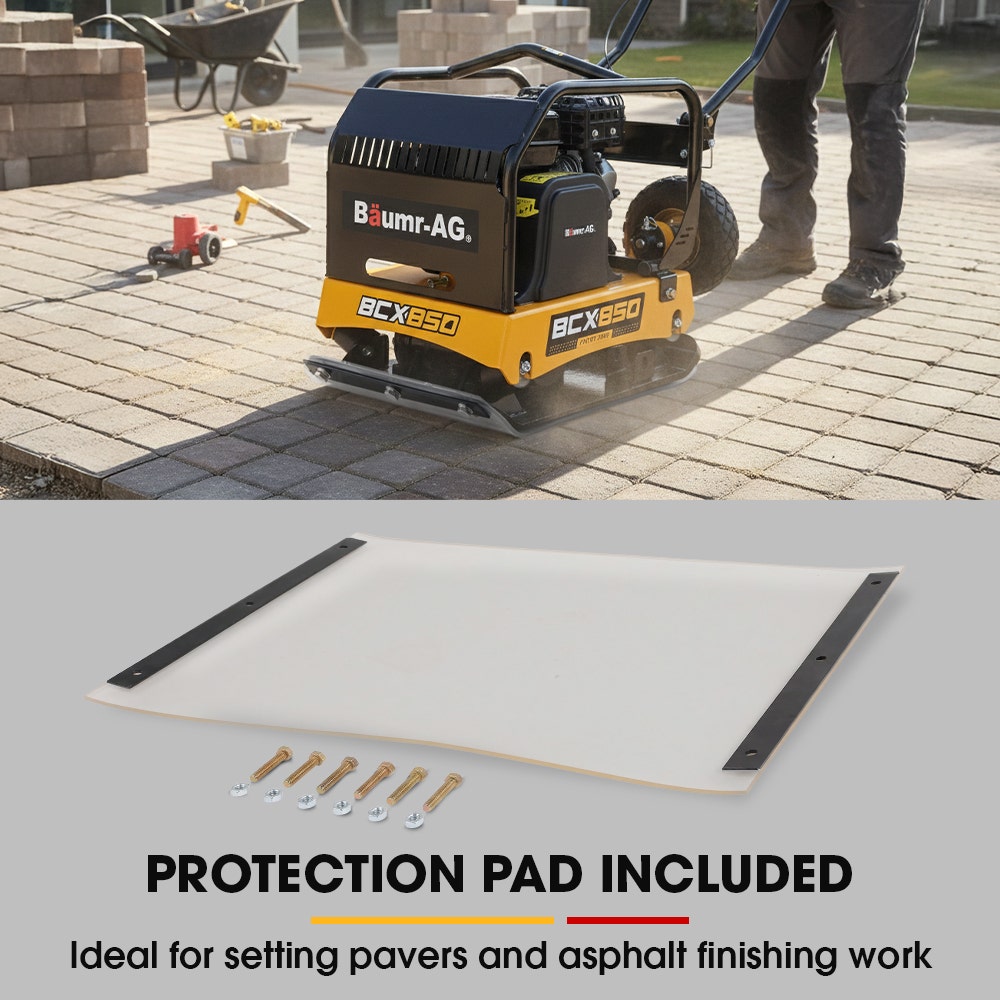 BAUMR-AG 125kg 450x630mm 7HP Plate Compactor, 32kN Vibratory Compaction, Wheel Kit, Protective Paver Pad, V219-TOLPLCBM8C5A