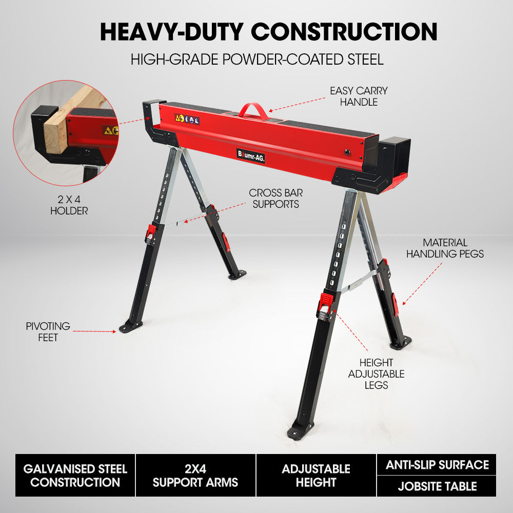 BAUMR-AG 2 x Steel Saw Horse, Folding Height Adjustable Sawhorse, 1180kg Capacity, 2x4 Support Arms V219-TOLSHRBMRAAHT