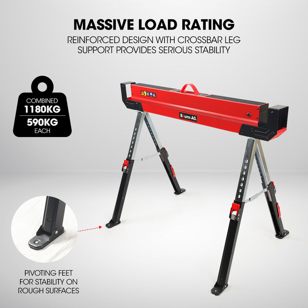 BAUMR-AG 2 x Steel Saw Horse, Folding Height Adjustable Sawhorse, 1180kg Capacity, 2x4 Support Arms V219-TOLSHRBMRAAHT