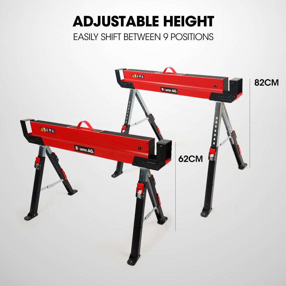 BAUMR-AG 2 x Steel Saw Horse, Folding Height Adjustable Sawhorse, 1180kg Capacity, 2x4 Support Arms V219-TOLSHRBMRAAHT