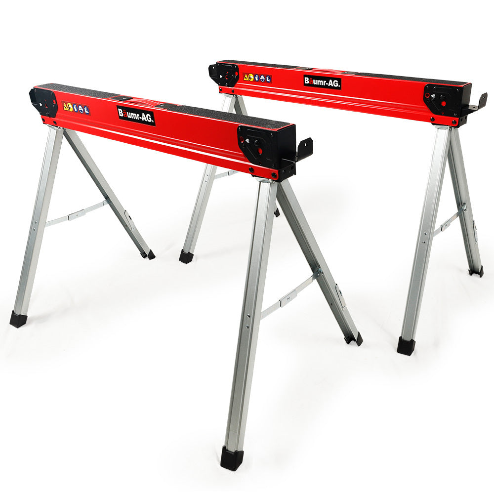 Baumr-AG 2 x Steel Saw Horse, 1000kg Capacity Folding Adjustable Sawhorses, 2x4 Support Arms V219-TOLSHRBMRAFHT