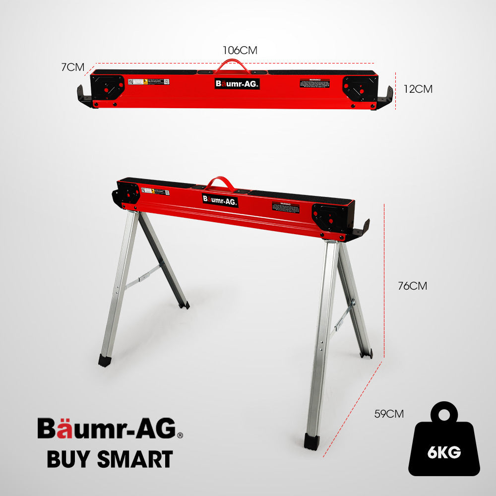 Baumr-AG 2 x Steel Saw Horse, 1000kg Capacity Folding Adjustable Sawhorses, 2x4 Support Arms V219-TOLSHRBMRAFHT