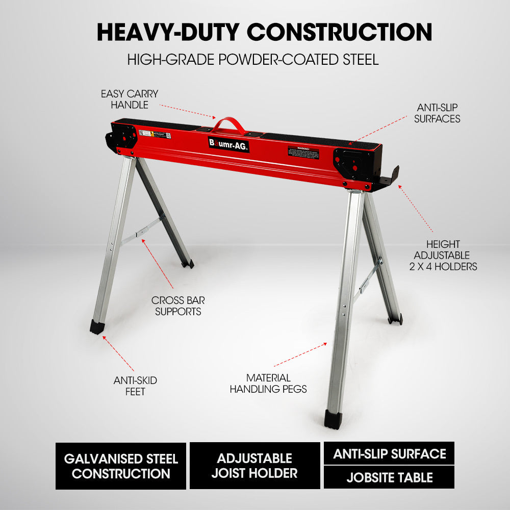 Baumr-AG 2 x Steel Saw Horse, 1000kg Capacity Folding Adjustable Sawhorses, 2x4 Support Arms V219-TOLSHRBMRAFHT