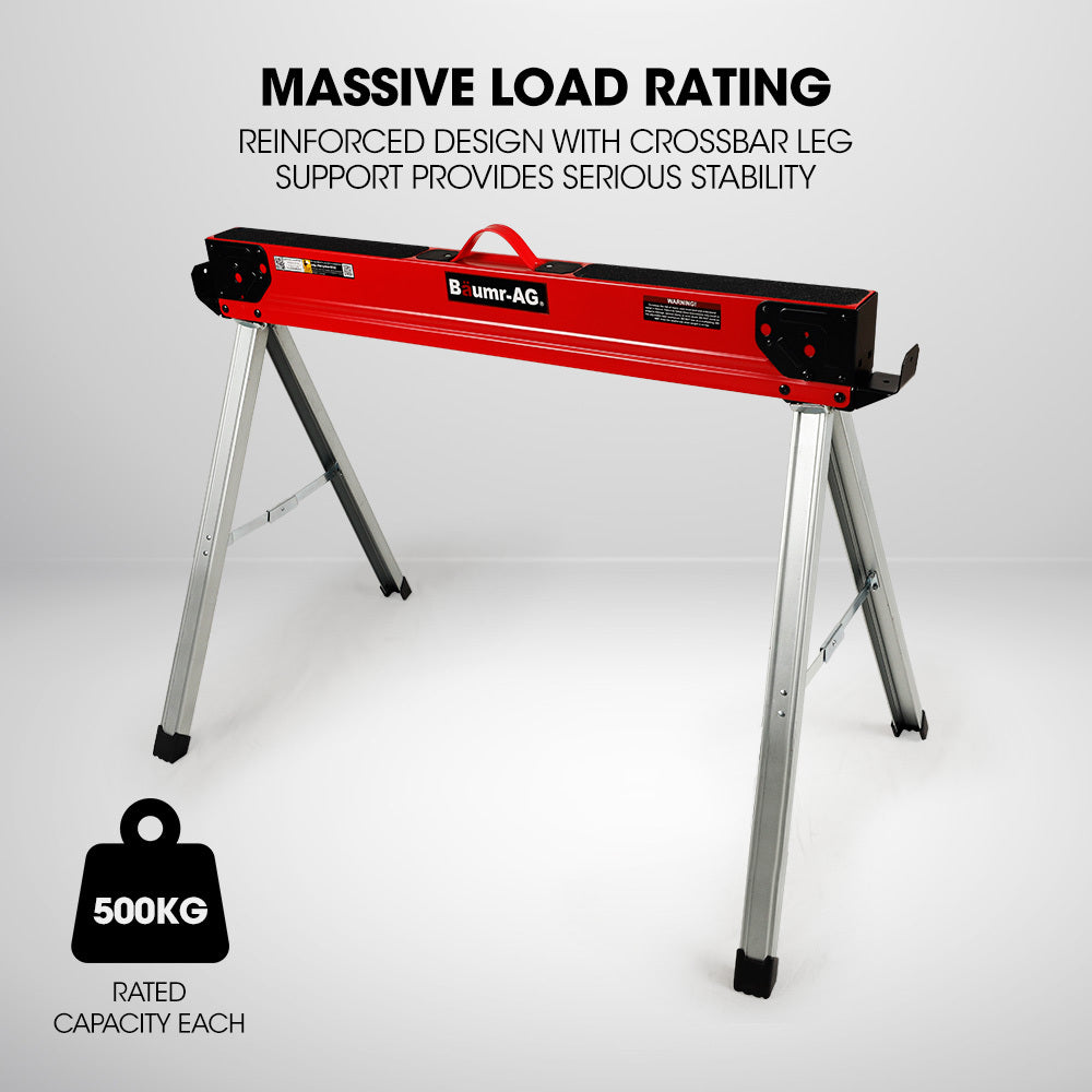 Baumr-AG 2 x Steel Saw Horse, 1000kg Capacity Folding Adjustable Sawhorses, 2x4 Support Arms V219-TOLSHRBMRAFHT