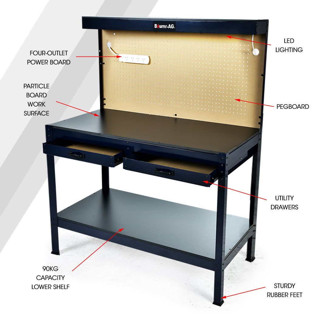 BAUMR-AG Steel Garage Workbench with LED Lights Pegboard Tool Storage Work Bench Workshop Table V219-TOLWBNBMRA6XL