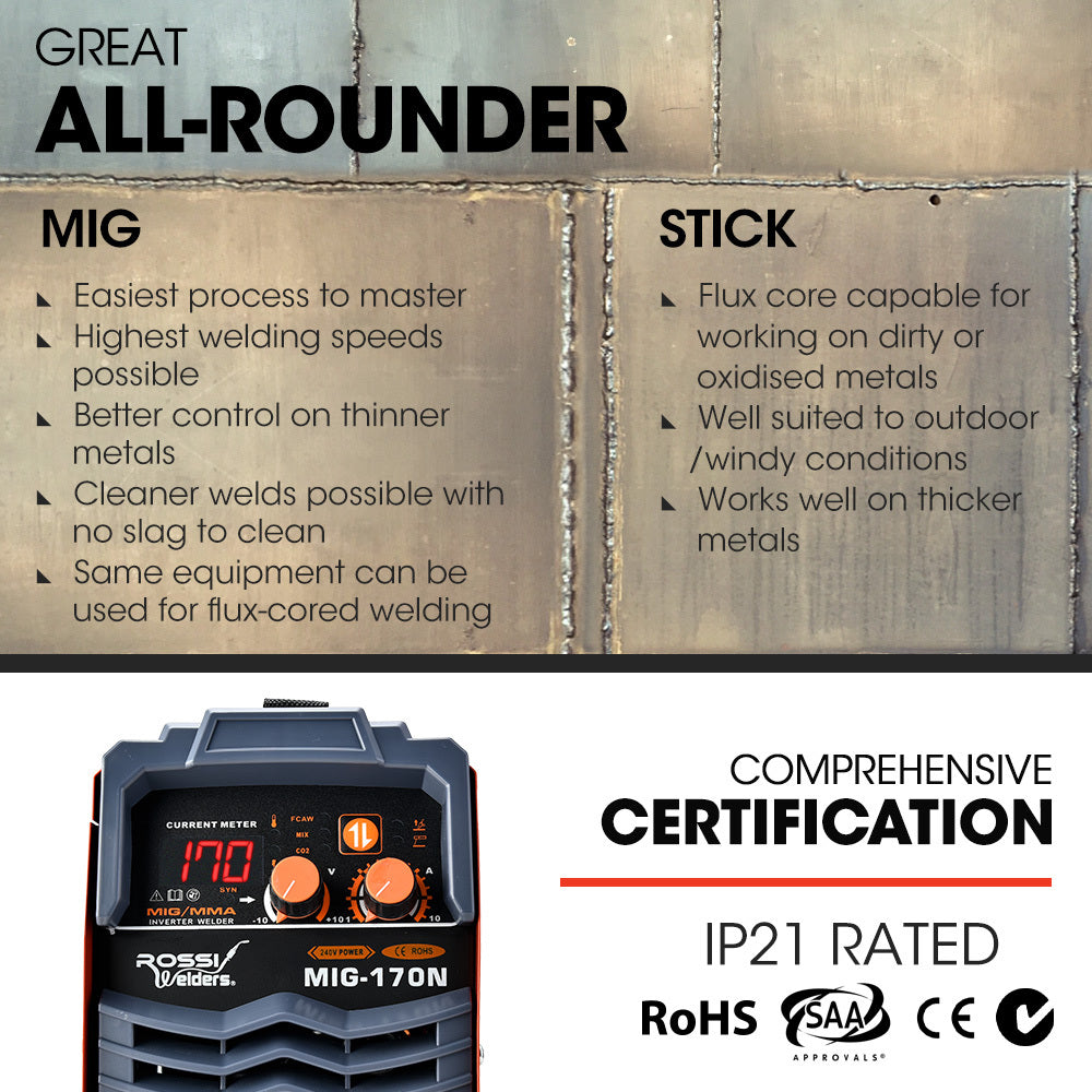 ROSSI 170Amp MIG ARC Stick Welder, with Carry Case & Accessories, 15A Plug V219-TOLWDRROB1C7