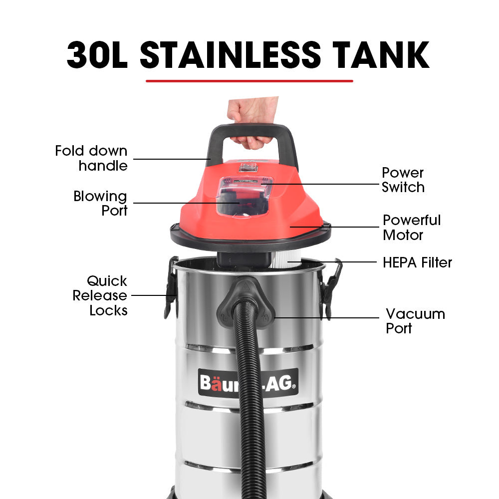 BAUMR-AG 30L Cordless Wet & Dry Vacuum Cleaner Kit, with 4Ah battery and Charger, Blower, HEPA Filter, V219-TOLWDVBM3SLA