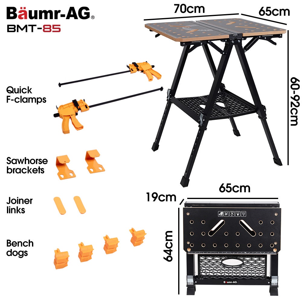 BAUMR-AG Portable Multifunction Workbench, 2-in-1 Worktable and Sawhorse, Height Adjustable, Expandable V219-TOLWKBBM85MA