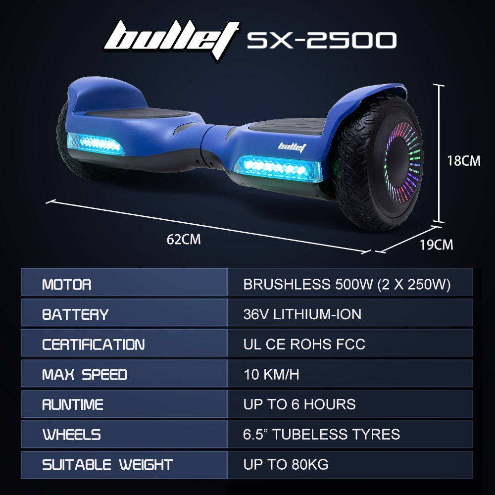 BULLET SX-2500 Hoverboard Scooter, 500W Brushless, UL Certified, AU Compliant, 6.5-inch Off-Road Style Tyres, V219-TOYHVBBL65BA