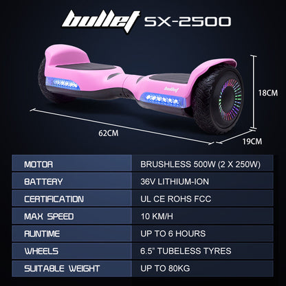 BULLET SX-2500 Hoverboard Scooter, 500W Brushless, UL Certified, AU Compliant, 6.5-inch Off-Road Style Tyres, V219-TOYHVBBL65PA