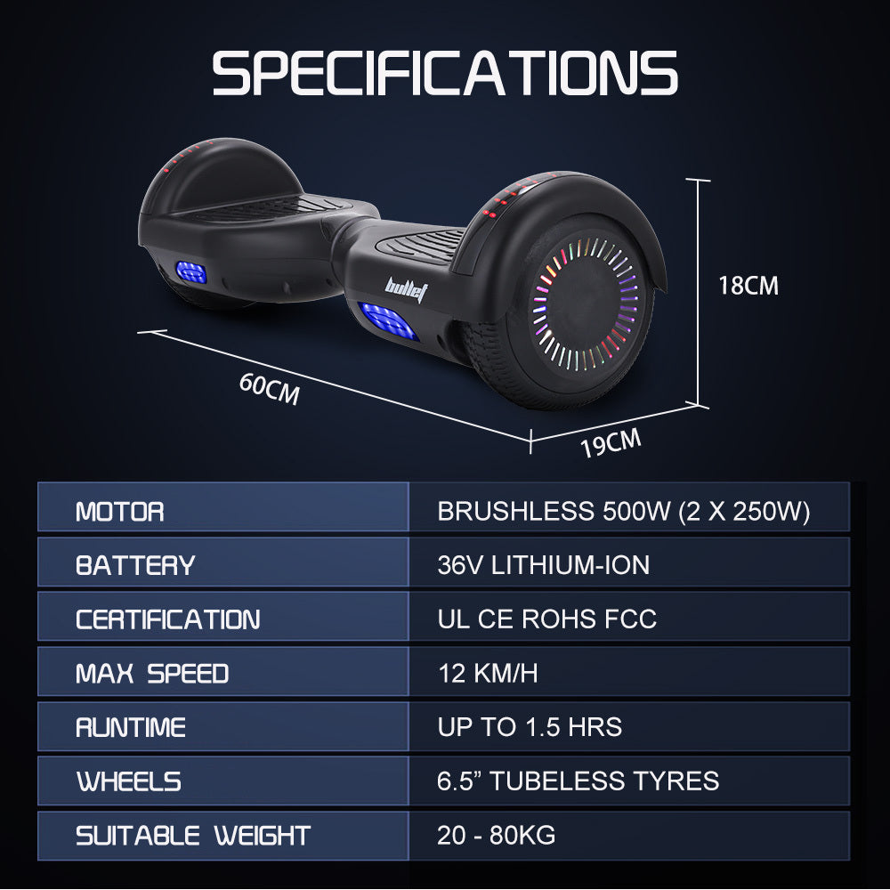 BULLET SX-2000 Hoverboard Scooter, 500W Brushless, UL Certified, AU Compliant, Superior Self Balancing V219-TOYHVBBL6BKA
