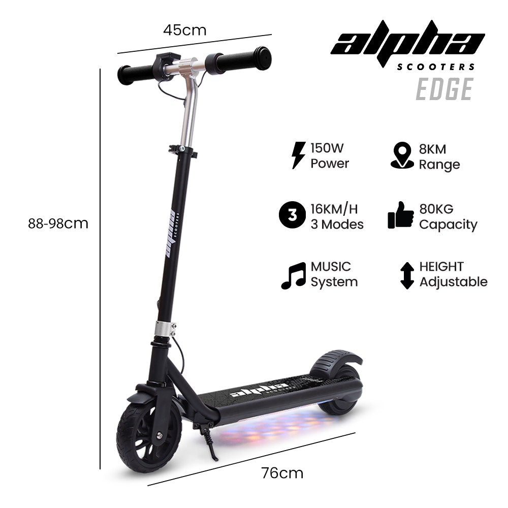 ALPHA Edge Electric Scooter Kids/Teens, 16km/h Max, Adjustable Height, UL Certified, AU Compliant, Dual V219-TRNESCAL2BKA