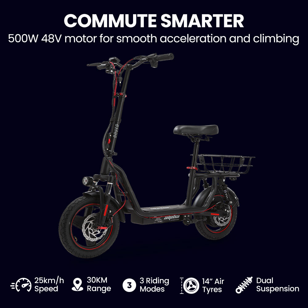 ALPHA Rover Electric Scooter with Seat, 500W 48V 25km/h 30km Range, 14-inch Tyres, Motorised Commuter V219-TRNESCAL8KRA