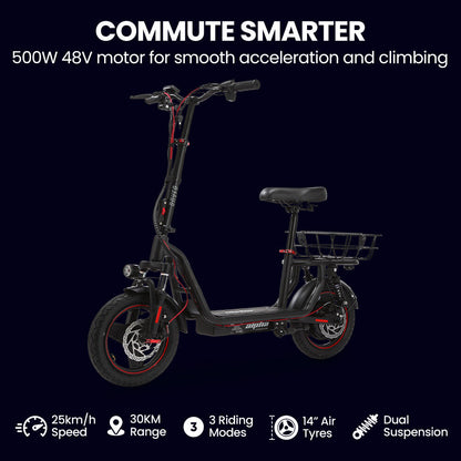 ALPHA Rover Electric Scooter with Seat, 500W 48V 25km/h 30km Range, 14-inch Tyres, Motorised Commuter V219-TRNESCAL8KRA