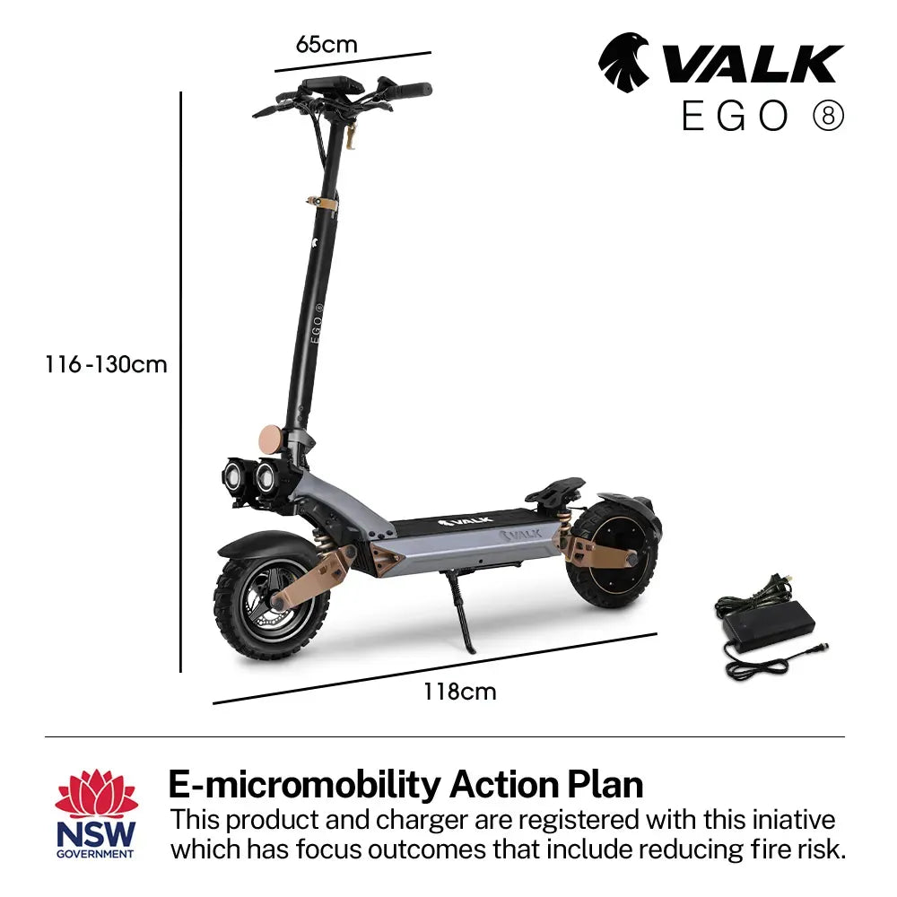 VALK Ego 8 Electric Scooter, Powerful, AU Compliant, 48V 13Ah, 55km Max Range, eScooter for Adults, Foldable, V219-TRNESCVAE8BA