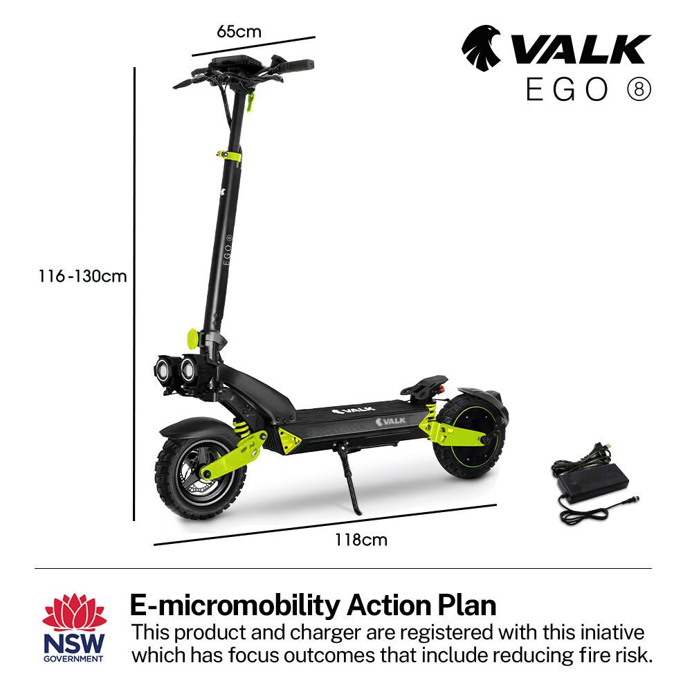 VALK Ego 8 Electric Scooter, 45km/h Max, AU Compliant, 48V 13Ah, Up to 55km Range, eScooter for Adults, V219-TRNESCVAE8GA