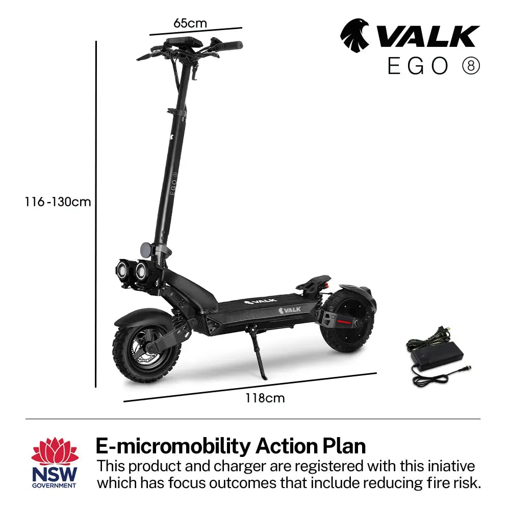 VALK Ego 8 Electric Scooter, 500W, AU Compliant, 48V 13Ah, 55km Max Range, eScooter for Adults, Foldable, Off V219-TRNESCVAE8KA