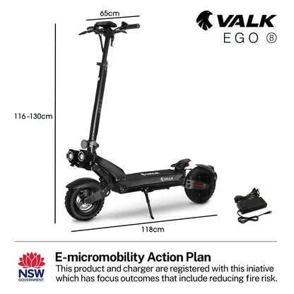 VALK Ego 8 Electric Scooter, 500W, AU Compliant, 48V 13Ah, 55km Max Range, eScooter for Adults, Foldable, Off V219-TRNESCVAE8KA