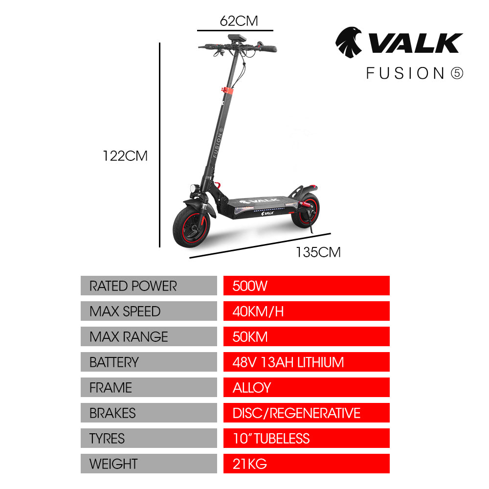 VALK Fusion 5 Electric Scooter, 500W, AU Compliant, 48V 13Ah Lithium, 50km Range, 40km/h, Quad Shocks, 10 V219-TRNESCVAF5NA