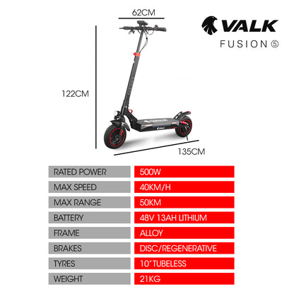 VALK Fusion 5 Electric Scooter, 500W, AU Compliant, 48V 13Ah Lithium, 50km Range, 40km/h, Quad Shocks, 10 V219-TRNESCVAF5NA
