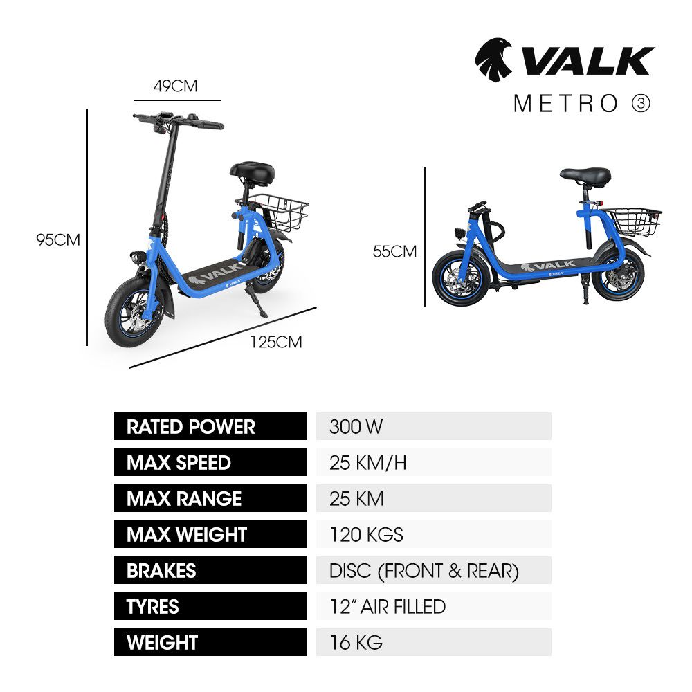 VALK Electric Scooter with Seat, Disc brakes, 12" Tyres, AU Compliant, for Adults, Teens, Commuter, Blue V219-TRNESCVAM3BA
