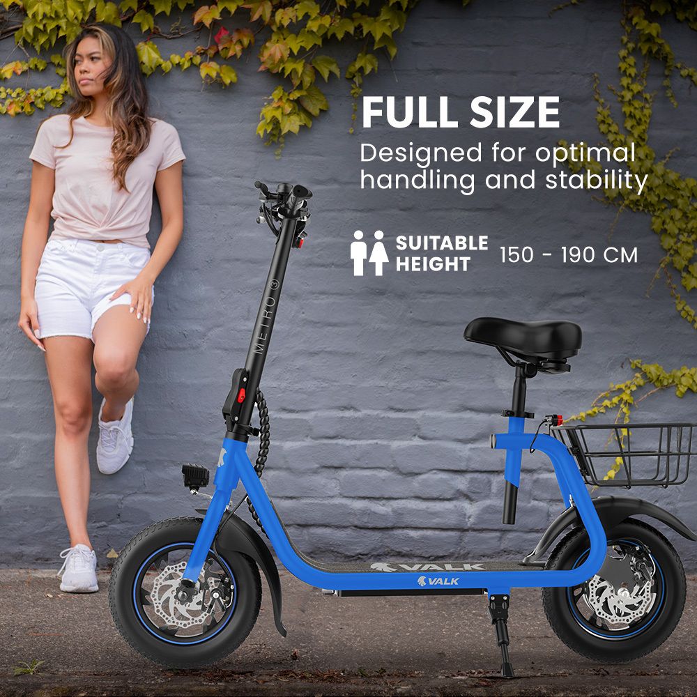 VALK Electric Scooter with Seat, Disc brakes, 12" Tyres, AU Compliant, for Adults, Teens, Commuter, Blue V219-TRNESCVAM3BA