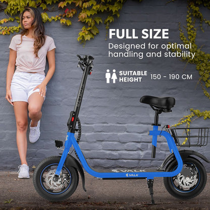 VALK Electric Scooter with Seat, Disc brakes, 12" Tyres, AU Compliant, for Adults, Teens, Commuter, Blue V219-TRNESCVAM3BA