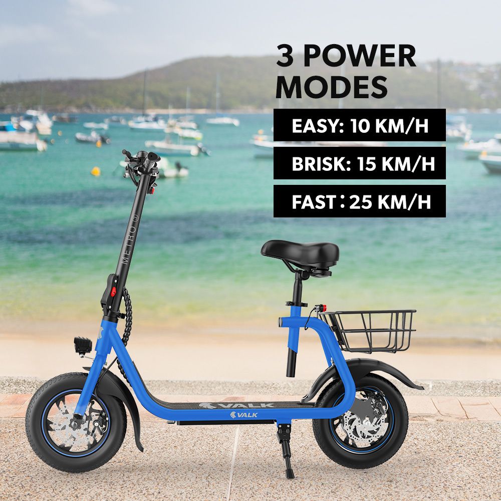 VALK Electric Scooter with Seat, Disc brakes, 12" Tyres, AU Compliant, for Adults, Teens, Commuter, Blue V219-TRNESCVAM3BA
