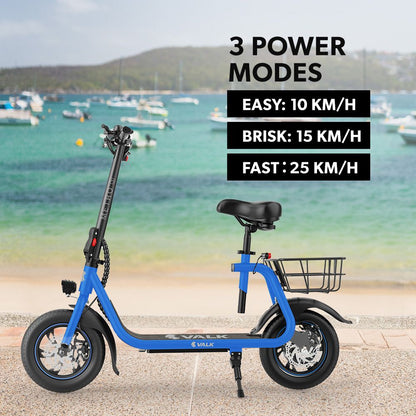 VALK Electric Scooter with Seat, Disc brakes, 12" Tyres, AU Compliant, for Adults, Teens, Commuter, Blue V219-TRNESCVAM3BA